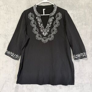 Lulu B Top L Black White Embroidered Textured 3/4 Sleeve Tunic Beachy Cover Up